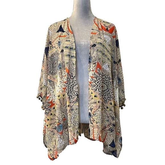 Umgee Women's Bohemian Kimono Jacket M Multicolor Geometric Fringe - Picture 2 of 9